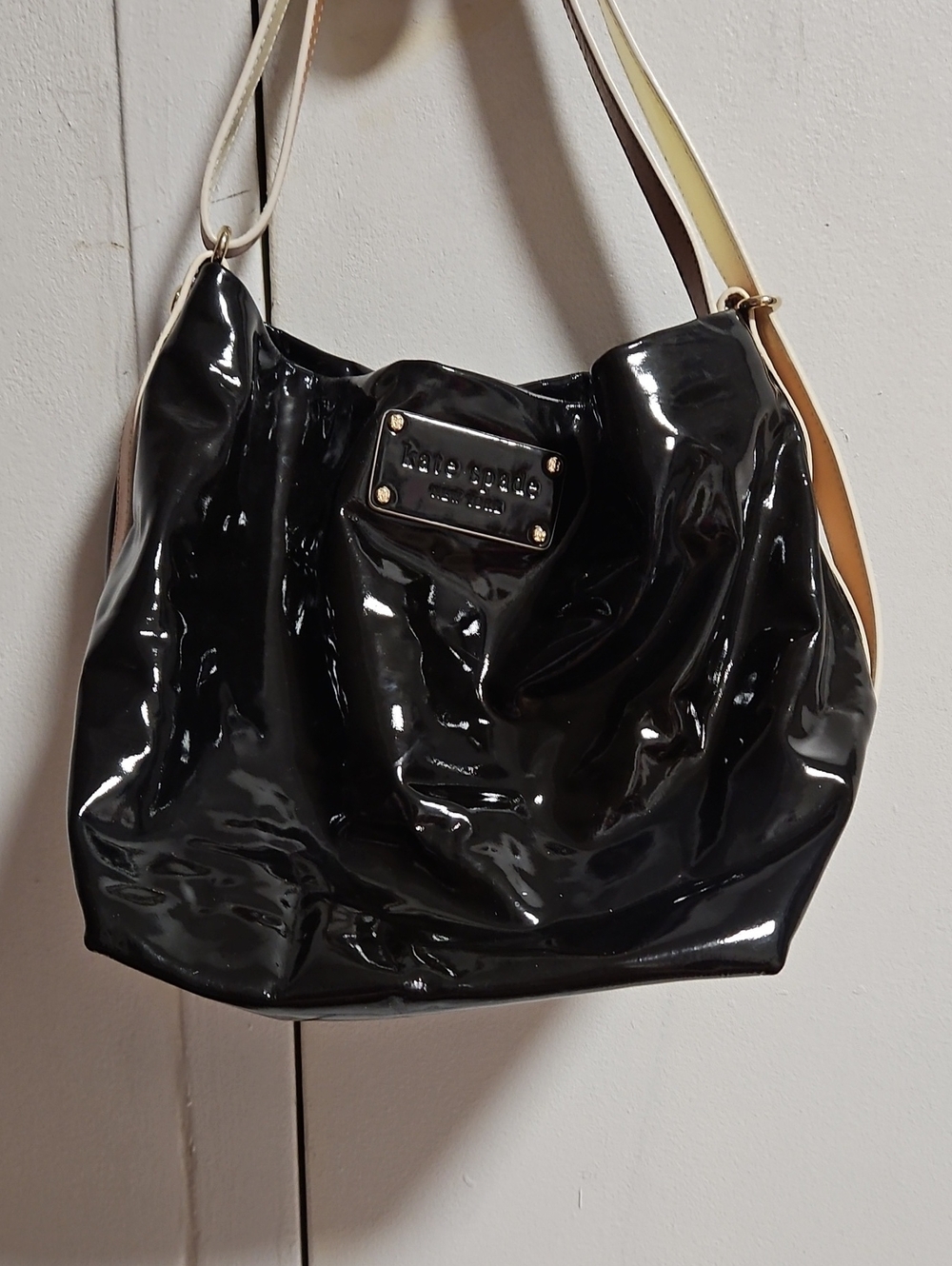 kate spade Black Patent Shoulder Bag with Light Tan Straps